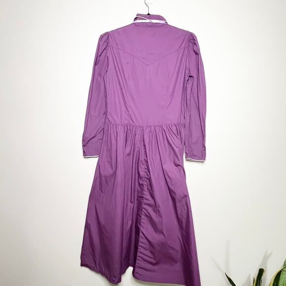 Vintage 70s Prairie Cottage Core Purple Collared Piping Pioneer Midi Dress Med - Picture 2 of 10